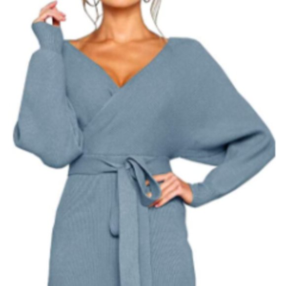 Sky Blue Plunge Belted Batwing Knit Sweater Dress - Picture 3 of 9